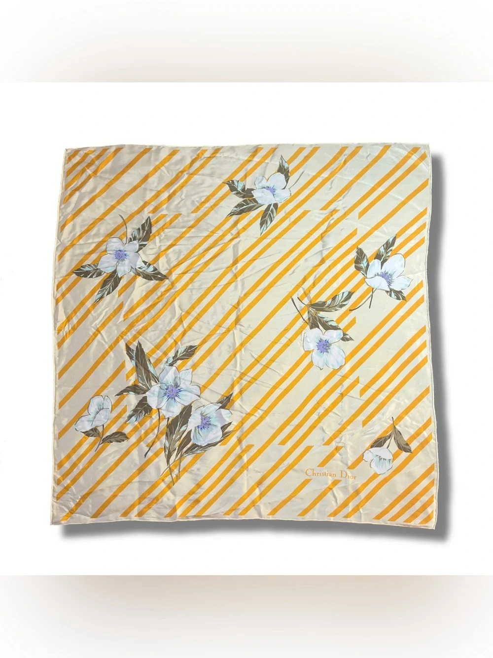 Vintage Christian Dior Silk Scarf 70s Floral Stripe Gold Hand Rolled 27 Inch
